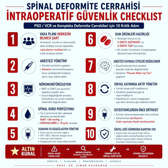 Spinal deformite cerrahisinde anestezi ve nöromonitörizasyon

Kompleks omurga cerrahisi, sadece cerrahi teknik değil
👉 anestezi + nöromonitörizasyon + hemodinamik yönetimin kusursuz entegrasyonudur.

🔴 Temel yaklaşım

• PSO / VCR gibi kompleks vakalarda anestezi standardizasyonu şarttır
• Mümkünse sabit ve deneyimli anestezi ekibi ile çalışılmalıdır
• “TIVA yeterlidir” yaklaşımı yanıltıcıdır → süreç çok daha kompleks

⚠️ Propofol ve nöromonitörizasyon

• Uzun vakalarda propofol birikimi ciddi sorundur
• Bu durum yanlış pozitif sinyallere yol açabilir

➡️ Sonuç:
Yanlış pozitif → operasyon yavaşlar → kanama artar → hipotansiyon → sinyal kaybı

🩸 Kanama ve koagülasyon yönetimi

• Anestezi = sadece ilaç değil, replasman stratejisidir
• FFP / eritrosit / albümin dengesi kritik
• Yanlış oranlar → koagülopati ve kanama artışı

💉 Ketamin avantajı

• Nöromonitörizasyonu korur
• Post-op analjeziyi artırır
• İleus riskini azaltır

🧠 Pseudo Wake-Up Test

• Anestezikler azaltılır
• Hasta uyanma sınırına getirilir
• Bu sırada MEP değerlendirilir
• Sinyal geri geliyorsa sorun: anestezi kaynaklıdır

❤️ Hemodinamik güvenlik

• MAP genellikle >80 mmHg tutulmalıdır
• Özellikle yüksek riskli omurilik sıkışıklarında daha da kritik

🚨 Altın kural

👉 Sinyal kaybı varsa → DUR → nedeni çöz → sinyali geri getir → sonra devam et

❗ Sinyal geri dönüşü olmadan ameliyathane terk edilmez

#spine #spinesurgery #scoliosis #deformitysurgery #nöromonitörizasyon #orthopedics #spinalcord #cerrahi
