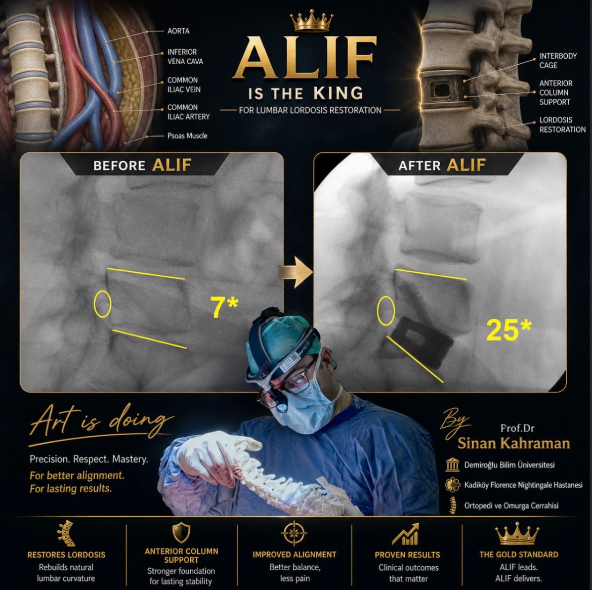 ALIF: The King of Lumbar Lordosis Restoration 👑

1️⃣ 🦴 Lumbar Lordosis and its distribution is the key for durability of instrumentation.
2️⃣ ⚠️ Lost lordosis of L4-S1 = lost balance.Back pain, forward posture, and walking fatigue often start here.
3️⃣ 🚪 ALIF opens the front door.
Direct anterior access. Wide corridor. Powerful correction.
4️⃣ 📐 Big implant. Big correction.
A large lordotic cage helps rebuild the natural lumbar curve.
5️⃣ 🛡️ Respect the back. Work from the front.Posterior muscles and neural structures are preserved.
6️⃣ 🎯 Alignment is the target.
Fusion is important — but realignment is the real goal.
7️⃣ ⚙️ Biomechanics matter.
A well-restored lordosis means better balance and better load sharing.
8️⃣ 🧠 Plan like a scientist. Operate like an artist. Spine surgery is precision, anatomy, and judgment.
9️⃣ 📊 Degrees matter. Life matters more.
We measure lordosis in angles, but success in quality of life.
🔟 🚶‍♂️ Restore the curve. Restore the balance. Restore the patient.

👑 ALIF is the king for lumbar lordosis restoration.

✨ Life is doing.

Her cerrahi veya girişimsel işlemde sonuçlar kişiden kişiye değişiklik gösterebilir. İşlem öncesinde hekiminizden detaylı görüş almanız önerilir.

By Prof. Dr. Sinan Kahraman
#scoliosis #omurgasağlığı 
#alif #SpineSurgery #profdrsinankahraman